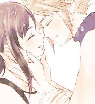 1boy 1girl bare_arms bare_shoulders black_hair blonde_hair blush close-up closed_eyes closed_mouth cloud_strife commentary_request couple earrings facing_another final_fantasy final_fantasy_vii final_fantasy_vii_remake from_side hands_on_another's_face hetero imminent_kiss jewelry light_particles long_hair open_mouth profile short_hair single_sidelock sleeveless sleeveless_turtleneck smile spiked_hair stud_earrings suspenders sweater tank_top tifa_lockhart turtleneck turtleneck_sweater upper_body wa38ma white_background white_tank_top