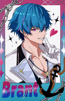Rule 34 | 1boy, absurdres, alternate costume, blue hair, brant (wuthering waves), character name, collarbone, commentary, english commentary, gloves, grin, hair between eyes, hand up, heart, highres, index finger raised, looking at viewer, male focus, multicolored hair, partially open shirt, pink eyes, sae naiyatsu, shirt, short hair, smile, solo, streaked hair, tacet mark (wuthering waves), white gloves, white shirt, wuthering waves