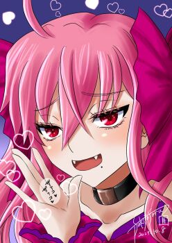 Rule 34 | 1girl, ahoge, blush, bow, choker, dead apostle noel (tsukihime), dress, fangs, hair between eyes, hair ribbon, heart, highres, long hair, looking at viewer, mole, mole under mouth, noel (tsukihime), open hand, open mouth, pink ribbon, red eyes, ribbon, smile, sorano tsukiyo, translation request, tsukihime, tsukihime (remake), vampire, wavy hair, whispering