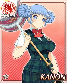 1girl :o blue_eyes blue_hair blunt_bangs bow bowtie breasts card_(medium) double_bun game_cg green_skirt green_vest hair_bun hammer holding holding_hammer kanon_(senran_kagura) large_breasts looking_at_viewer musical_note musical_note-shaped_pupils musical_note_print non-web_source official_alternate_costume official_art plaid_clothes plaid_skirt plaid_vest red_bow red_bowtie school_uniform senran_kagura senran_kagura_new_wave shirt shuriken_hair_ornament skirt solo symbol-shaped_pupils vest weaponized_instrument white_shirt