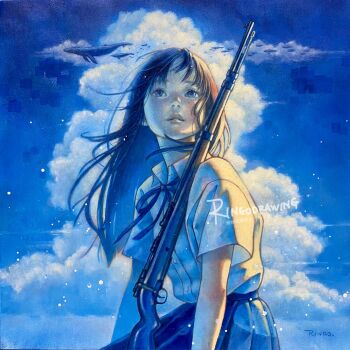 1girl black_hair blue_eyes blue_sky cloud collared_shirt commentary_request cumulonimbus_cloud flying_whale gun highres long_hair looking_up oil_painting_(medium) original painting_(medium) parted_lips rifle ringodrawing shirt skirt sky solo traditional_media weapon whale