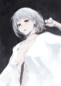 1girl absurdres breasts chainsaw_man death_devil_(chainsaw_man) deep_wound earrings fami_(chainsaw_man) grey_hair highres injury jewelry looking_at_viewer medium_hair mole mole_under_eye mole_under_mouth mon_(icebuko) multiple_moles red_eyes robe small_breasts solo white_robe