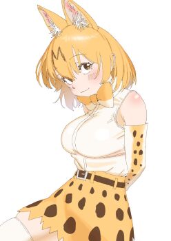 1girl :3 animal_ears animal_print arms_behind_back bare_shoulders blonde_hair blush bow bowtie cat_ears cat_girl cat_print elbow_gloves extra_ears gloves hair_between_eyes high-waist_skirt highres kemono_friends looking_at_viewer pleated_skirt print_gloves print_skirt serval_(kemono_friends) shirt shiso_(sticky_shiso) short_hair sidelocks skirt sleeveless smile solo thighhighs two-tone_bow two-tone_bowtie white_bow white_bowtie white_gloves white_shirt white_thighhighs yellow_bow yellow_bowtie yellow_eyes yellow_gloves yellow_skirt zettai_ryouiki