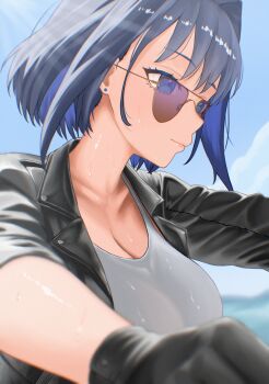 Rule 34 | 1girl, absurdres, aviator sunglasses, black gloves, black jacket, blue eyes, blue hair, blue sky, breasts, cleavage, colored inner hair, commentary, day, diptip, english commentary, fanged bangs, gloves, hair intakes, highres, hololive, hololive english, jacket, large breasts, leather, leather jacket, multicolored hair, ouro kronii, outdoors, shirt, short hair, sky, solo, sunglasses, upper body, virtual youtuber, white shirt