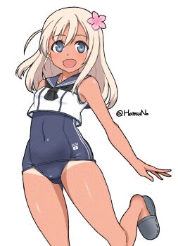 1girl adversarial_noise black_neckerchief blonde_hair blue_eyes blue_one-piece_swimsuit blue_sailor_collar commentary_request covered_navel crocs crop_top flower grey_shoes hair_flower hair_ornament hamuno highres kantai_collection long_hair neckerchief old_school_swimsuit one-hour_drawing_challenge one-piece_swimsuit one-piece_tan ro-500_(kancolle) sailor_collar school_swimsuit shirt shoes simple_background sleeveless sleeveless_shirt solo swimsuit tan tanline twitter_username white_background white_shirt