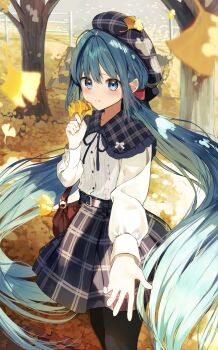 1girl beret black_hat black_pantyhose black_ribbon black_skirt blue_eyes blue_hair blush character_request check_character closed_mouth collared_shirt commentary_request day dress_shirt full_body ginkgo_leaf hair_between_eyes hand_up hat hatsune_miku highres holding holding_leaf leaf long_hair long_sleeves neck_ribbon outdoors pantyhose pentagon_(railgun_ky1206) plaid_clothes plaid_hat plaid_skirt puffy_long_sleeves puffy_sleeves railing ribbon shirt skirt solo standing tree very_long_hair vocaloid white_shirt