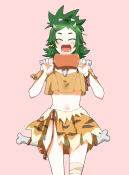 1girl artist_request cavewoman eating closed_eyes female_focus food green_hair highres horns meat meat_(vtuber) midriff no_panties pointy_ears primitive sharp_nails sharp_teeth simple_background teeth virtual_youtuber