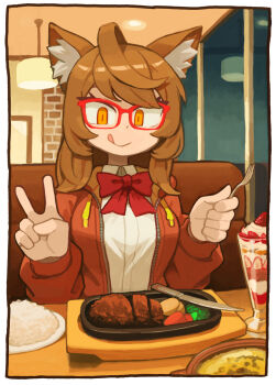 1girl :q ahoge animal_ear_fluff animal_ears border bow bowtie brick_wall broccoli brown_hair cat_ears closed_mouth collared_shirt commentary commission diner dress_shirt english_commentary food fork glasses hand_up highres holding holding_fork hood hood_down hoodie huge_ahoge indoors jacket knife lamp long_hair long_sleeves looking_at_food marika_(zeddaru) mizuno_(okn66) orange_eyes original parfait red-framed_eyewear red_bow red_bowtie red_hoodie red_jacket rice shirt sidelocks skeb_commission slit_pupils solo straight_hair strawberry_parfait swept_bangs table tongue tongue_out katsu_(food) tsurime v white_border white_shirt window