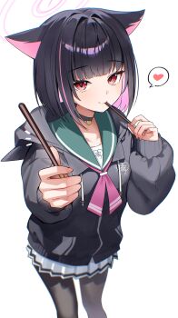 1girl absurdres animal_ears black_hair blue_archive cat_ears choker colored_inner_hair commentary_request food halo heart highres holding hood kazusa_(blue_archive) looking_at_viewer mashilemo multicolored_hair pantyhose pink_hair pocky red_eyes simple_background skirt solo spoken_heart white_background
