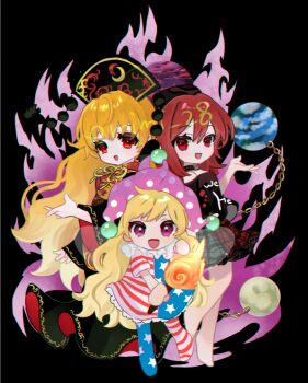 3girls :d american_flag american_flag_dress american_flag_print barefoot black_background black_choker black_dress black_shirt blonde_hair chain choker clownpiece dalachi_(headdress) dress earth_(planet) emimi_(emimi_28) flag_print hat hecatia_lapislazuli holding holding_torch jester_cap junko_(touhou) long_hair looking_at_viewer mandarin_collar moon multicolored_skirt multiple_girls open_mouth plaid_clothes plaid_skirt planet purple_eyes red_eyes red_hair shirt short_sleeves skirt smile torch touhou twitter_username underworld_(ornament) very_long_hair wide_sleeves