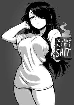 1girl absurdres black_eyes black_hair borrowed_character breasts coffee_mug commentary cowboy_shot cup english_commentary grey_background greyscale hair_over_one_eye hand_in_own_hair highres holding holding_cup large_breasts long_hair looking_at_viewer messy_hair monochrome mug nila_(telepurte) one_eye_covered original profanity shirt simple_background solo t-shirt theoiledone typo