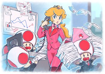 1girl 3boys alternate_costume black_jacket black_pants black_suit blonde_hair blue_eyes bow chart_(object) collared_shirt crown earrings formal_clothes highres holding holding_paper holding_phone indoors jacket jewelry long_hair mario_(series) multiple_boys necktie nintendo open_mouth panicking pants pantyhose paper paper_stack phone pink_bow pink_jacket pink_skirt princess_peach red_necktie red_pantyhose red_toad_(mario) saiwo_(saiwoproject) shirt skirt sphere_earrings suit toad_(mario) white_shirt