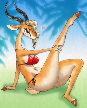 1girl ass bikini blonde_hair breasts disney female_focus full_body furry furry_female gazelle melonleaf nature outdoors plant red_eyes sky solo swimsuit zootopia