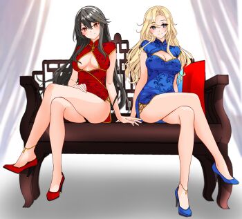 Rule 34 | 2girls, absurdres, alternate costume, black hair, blonde hair, blue dress, blue shoes, blush, breasts, brown eyes, china dress, chinese clothes, cleavage, cleavage cutout, clothing cutout, commentary request, crossed legs, dress, grey eyes, hair between eyes, hair ornament, hairband, hairclip, haruna (kancolle), highres, hornet (kancolle), kantai collection, large breasts, long hair, looking at viewer, multiple girls, nitamako (sakamalh), on bench, print dress, red dress, red shoes, shoes, sitting, smile