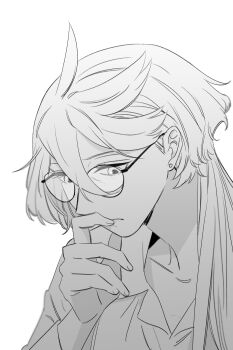 1girl absurdres closed_mouth collared_shirt earrings finger_to_mouth glasses greyscale gundam gundam_suisei_no_majo highres jewelry long_hair long_sleeves miorine_rembran monochrome shirt snapagi solo stud_earrings upper_body