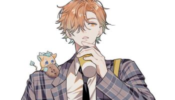 Rule 34 | 1boy, alternate costume, black necktie, commentary, cpupupupu, cup, disposable cup, gradient hair, hair between eyes, hair over one eye, highres, holding, holding cup, jacket, long sleeves, male focus, multicolored hair, necktie, nijisanji, open clothes, open jacket, orange eyes, orange hair, parted lips, plaid clothes, plaid jacket, portrait, short hair, simple background, solo, straight-on, symbol-only commentary, usami rito, virtual youtuber, white background