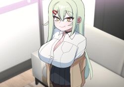 1girl akitokage animated areola_slip black_choker bouncing_breasts breasts brown_jacket censored censored_nipples choker cleavage fang green_hair grin hair_ornament hairclip heart heart_censor huge_breasts jacket large_breasts long_hair mesugaki mole mole_on_breast mole_under_mouth open_mouth orange_eyes school_uniform shirt shortstack skin_fang skirt smile solo sorako_mozu tagme video white_shirt yomega_kiss