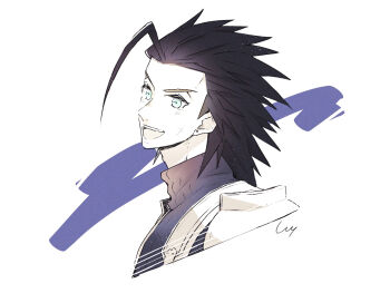 Rule 34 | 1boy, armor, black hair, blue eyes, blue sweater, commentary request, crisis core: final fantasy vii, cropped torso, cross scar, earrings, facial scar, final fantasy, final fantasy vii, hair slicked back, highres, jewelry, looking at viewer, male focus, open mouth, ribbed sweater, scar, scar on cheek, scar on face, shoulder armor, signature, sin 3794, sleeveless, sleeveless turtleneck, solo, spiked hair, stud earrings, suspenders, sweater, turtleneck, turtleneck sweater, upper body, white background, zack fair