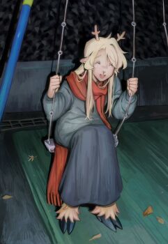 1girl antlers black_dress blonde_hair closed_eyes commentary deer_antlers deer_girl deltarune dress goomyloid highres hooves horns long_dress long_hair night noelle_holiday on_swing open_mouth red_scarf scarf sitting smile solo swing swing_set symbol-only_commentary utdr_(toby_fox)