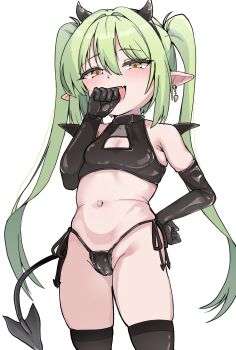 1girl :d absurdres alternate_costume black_gloves black_horns black_panties black_tail black_thighhighs blue_archive breasts commentary demon_girl demon_horns demon_tail earrings elbow_gloves fake_horns fang gloves green_hair highres horns jewelry loli long_hair looking_at_viewer mesugaki navel nozomi_(blue_archive) open_mouth panties pointy_ears poyo154297 side-tie_panties simple_background skin_fang skindentation small_breasts smile solo symbol-only_commentary tail thighhighs twintails underwear very_long_hair white_background yellow_eyes