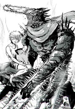 1boy absurdres animal blood blood_on_face chainsaw chainsaw_devil chainsaw_man closed_eyes closed_mouth denji_(chainsaw_man) dog extra_arms greyscale highres jozpic monochrome pochita_(chainsaw_man) scarf short_hair shorts sitting tank_top teeth