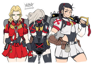 Rule 34 | 3girls, adeptus astartes, asymmetrical gloves, backpack, bag, bike shorts, bike shorts under skirt, black eyes, black hair, black thighhighs, blonde hair, blood angels, bound, bound wrists, breasts, brown gloves, chain, chain necklace, chainsword, commentary, covered erect nipples, facial scar, fingerless gloves, genderswap, genderswap (mtf), gloves, green eyes, grey hair, grin, hair over one eye, hair over shoulder, hand on own hip, highleg, highleg leotard, holding, holding weapon, jewelry, leotard, leotard under clothes, mask, medium breasts, miniskirt, mouth mask, multiple girls, necklace, outside border, pleated skirt, ponytail, pouch, red gloves, ryuusei (mark ii), scar, scar across eye, scar on cheek, scar on face, short sleeves, single fingerless glove, skirt, smile, thighhighs, torn clothes, torn thighhighs, warhammer 40k, weapon, white scars, zettai ryouiki