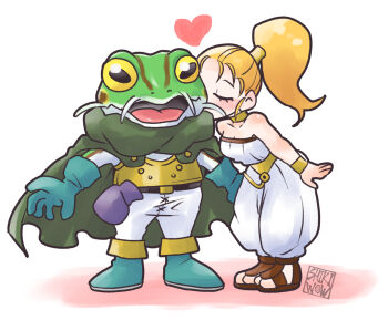1boy 1girl :o artist_name bare_shoulders belt blonde_hair blue_footwear blue_gloves bracelet cape chrono_trigger closed_eyes frog_(chrono_trigger) gloves heart hetero highres jewelry kiss long_hair marle_(chrono_trigger) ponytail sandals shikiwo simple_background white_background yellow_eyes