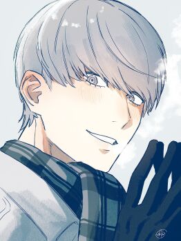 1boy absurdres black_gloves blush breath commentary_request gloves grey_background grey_hair highres looking_at_viewer male_focus narukami_yu persona persona_4 portrait scarf short_hair signature simple_background smile solo steepled_fingers tnkmrcap winter_clothes