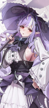 1girl about_fg absurdres ascot black_bow black_bowtie black_nails bow bowtie breasts buttons center_frills commentary dress fingernails frills hand_on_own_hip highres holding holding_umbrella large_breasts long_hair looking_at_viewer mole mole_under_eye multicolored_hair nail_polish open_mouth overskirt parasol pointy_ears purple_ascot purple_bow purple_bowtie purple_hair purple_skirt purple_umbrella red_eyes showgirl_skirt sideboob sidelocks skirt solo streaked_hair umbrella very_long_hair vivian_banshee white_dress zenless_zone_zero