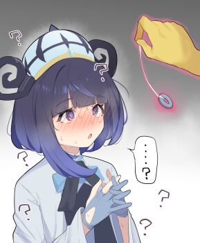 1girl :o ? @_@ absurdres black_hair black_ribbon blush coat coin commentary_request gen_1_pokemon gloves glowing gwynn_(pokemon) hands_up hat highres holding holding_string holed_coin hypno hypnosis interlocked_fingers kyutai_x long_sleeves looking_up mind_control neck_ribbon nintendo open_mouth partially_fingerless_gloves pendulum pokemon pokemon_(creature) pokemon_legends:_z-a ribbon speech_bubble string sweat white_coat