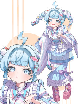 1girl :d absurdres ahoge blue_bow blue_bowtie blue_eyes blue_hair blue_kimono bow bowtie braid braided_twintails candy_hair_ornament closed_mouth commentary_request different_zoom_layer food-themed_hair_ornament frilled_kimono frills hair_bow hair_intakes hair_ornament highres hololive hololive_dev_is japanese_clothes kimono lace lace-trimmed_kimono lace_trim lightning_ahoge looking_at_viewer medium_hair mizumiya_su mizumiya_su_(new_year) multicolored_hair official_alternate_costume official_alternate_hairstyle open_mouth pink_streaks piyoduck sidelocks smile solo streaked_hair two-tone_hair virtual_youtuber white_background