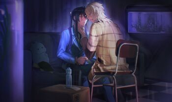 2boys between_legs blazer blonde_hair blood blood_on_face blue_jacket blurry blurry_foreground bottle brown_coat bubble casual chair checkered_floor coat collared_shirt couch curtains dark denim ensemble_stars! feet_out_of_frame fish fish_tank green_necktie hair_between_eyes hair_over_shoulder hakaze_kaoru half-closed_eyes hand_on_another&#039;s_chin hand_on_another&#039;s_forehead hand_on_lap highres indoors injury jacket jeans kanzaki_souma leaning_forward long_hair long_sleeves looking_at_another male_focus medium_hair motoyui multiple_boys necktie on_chair on_couch one_eye_closed open_mouth pants parted_lips plaid_clothes plaid_coat plaid_pants ponytail purple_hair ru_kosin school_chair school_uniform shirt sidelocks stuffed_animal stuffed_manatee stuffed_toy stuffed_turtle teeth upper_teeth_only very_long_hair water_bottle white_shirt wolf_cut yumenosaki_school_uniform