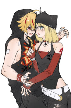 1boy 1girl absurdres ahoge alternate_costume anger_vein animal_hat bandaged_fingers bandages bandaid bandaid_on_face bandaid_on_hand bandaid_on_nose belt black_hat blonde_hair blue_eyes braid cat_hat chinese_commentary choker command_spell commentary_request cowboy_shot cross cross_necklace detached_sleeves eye_contact fang fate/strange_fake fate_(series) glasses hat hetero highres holding holding_jewelry holding_necklace hood hood_up hoodie jewelry looking_at_another multicolored_hair necklace punk red_choker red_eyes red_hair red_sleeves richard_i_(fate) sajou_ayaka_(fate/strange_fake) shuouyu simple_background single_braid sleeveless sleeveless_hoodie streaked_hair two-tone_hair wavy_mouth white_background y2k_fashion