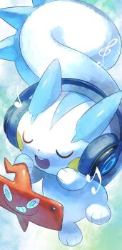 Rule 34 | animal focus, buck teeth, closed eyes, commentary request, gen 4 pokemon, headphones, highres, musical note, nintendo, no humans, open mouth, pachirisu, pokemon, pokemon (creature), pokemon focus, purobe, rotom, rotom phone, smile, squirrel, teeth