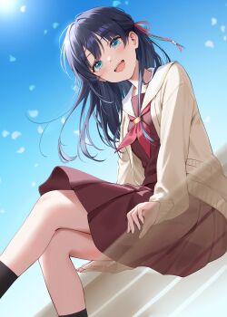 1girl :d absurdres blue_eyes blue_hair blue_sky blush brown_cardigan brown_dress cardigan commentary_request dress enu_illustip from_below hair_ribbon hasu_no_sora_school_uniform highres link!_like!_love_live! long_hair long_sleeves looking_at_viewer love_live! mole mole_on_neck murano_sayaka neckerchief open_cardigan open_clothes open_mouth red_neckerchief ribbon sailor_collar sailor_dress school_uniform sitting sky smile solo sunlight teeth upper_teeth_only white_sailor_collar winter_uniform x-ray
