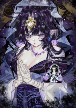 Rule 34 | 1girl, aegyo sal, artist name, bandaged hand, bandages, bare shoulders, bead necklace, beads, black background, black hair, black kimono, blush, breasts, cleavage, collarbone, commission, cookie run, cookie run: kingdom, crying, crying with eyes open, curtained hair, earrings, forehead jewel, from above, grey veil, hair between eyes, hair over shoulder, hashtag-only commentary, hi sunger, highres, humanization, japanese clothes, jewelry, kimono, long hair, long sleeves, looking at viewer, medium breasts, mole, mole on breast, mystic flour cookie, mystic flour cookie (morning dew of apathy), necklace, official alternate costume, official alternate hair color, own hands together, pale skin, parted lips, pointy ears, praying, purple eyes, purple lips, simple background, solo, sparkle, tassel, tassel earrings, tears, upper body, veil, watermark, wide sleeves