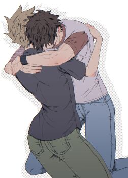 2boys absurdres arms_around_neck black_shirt blue_oak blue_pants brown_hair commentary_request crew_neck denim green_pants halftone highres hug jeans kneeling male_focus multiple_boys mutual_hug nintendo pants pk_rgr96 pokemon pokemon_sm red_(pokemon) shirt short_hair short_sleeves spiked_hair t-shirt wristband yaoi
