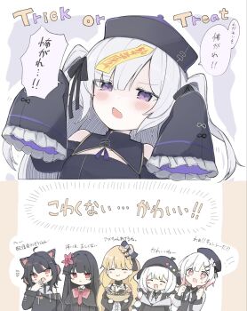 6+girls animal_ear_headphones animal_ears beret black_dress black_hair blonde_hair cat_ear_headphones cat_ears china_dress chinese_clothes commentary dress fake_animal_ears halloween halloween_costume hat headphones highres jiangshi jiangshi_costume jogasaki_noah mahou_shoujo_no_majo_saiban mozzs multiple_girls natsume_an-an ofuda ofuda_on_head open_mouth orange_eyes outstretched_arms partially_translated pink_eyes pink_hair purple_dress purple_eyes purple_hat qingdai_guanmao red_eyes saeki_miria sakuraba_ema sawatari_coco smile talisman translation_request trick_or_treat white_hair zombie_pose