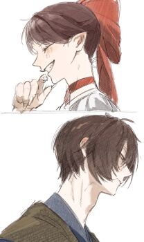 1boy 1girl aged_up blush bow brown_hair choker constricted_pupils cowlick ear_blush freckles gegege_no_kitarou grin hair_bow hair_over_one_eye hand_to_own_mouth highres japanese_clothes kimono kitarou laughing light_frown messy_hair mihiro_00122 muted_color nekomusume nekomusume_(gegege_no_kitarou_6) pointy_ears red_bow red_choker sanpaku sharp_teeth shirt short_hair sidelocks sketch smile swept_bangs teeth upper_body white_background white_shirt yukata