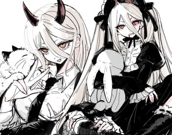 1girl black_dress black_headdress black_necktie blonde_hair blood blood_from_mouth cat chainsaw_man cross-shaped_pupils demon_girl demon_horns dress hair_between_eyes highres holding holding_stuffed_toy horns long_hair long_hair_between_eyes meowy_(chainsaw_man) mizu1202001 multiple_views necktie power_(chainsaw_man) red_horns sharp_teeth shirt stuffed_animal stuffed_rabbit stuffed_toy symbol-shaped_pupils teeth twintails white_background white_shirt yellow_eyes