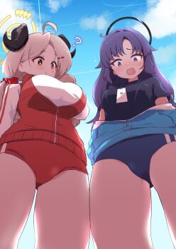 2girls ? ahoge blue_archive breasts buruma commentary commission halo highres horns izumi_(blue_archive) izumi_(track)_(blue_archive) jacket kurosaki_kousuke large_breasts multiple_girls official_alternate_costume purple_hair shirt skeb_commission track_jacket yuuka_(blue_archive) yuuka_(track)_(blue_archive)