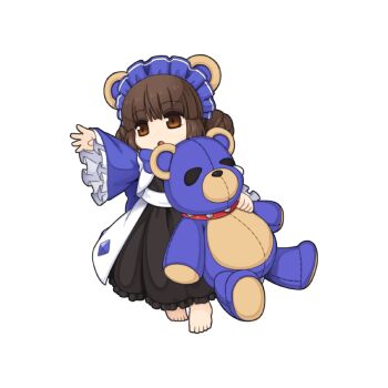 1girl barefoot black_dress blue_hairband blunt_bangs brown_eyes brown_hair chibi chibi_only double_bun dress frilled_hairband frilled_sleeves frills full_body hair_bun hairband liamette long_sleeves looking_afar official_art open_mouth ragnarok_online simple_background solo stuffed_animal stuffed_toy teddy_bear transparent_background yuichirou