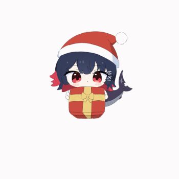 1girl animated animated_gif box chibi christmas_present closed_mouth commentary ellen_joe fins fish_tail fur-trimmed_headwear fur_trim gift gift_box hair_ornament hairclip hat heart holding holding_gift incoming_gift looking_at_viewer medium_hair multicolored_hair no_nose open_mouth red_eyes red_hair red_hat santa_hat shark_tail smile solo tail tail_wagging two-tone_hair umihio zenless_zone_zero