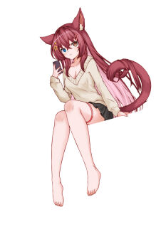 +_+ 1girl absurdres animal_ear_fluff animal_ears barefoot black_skirt blue_eyes breasts cat_ears cat_tail chinese_commentary cleavage collarbone colored_inner_hair commentary_request crossed_bangs feet fingernails from_below hair_between_eyes hair_ornament hairpin heart heterochromia highres holding holding_phone long_sleeves looking_at_viewer multicolored_hair multiple_hairpins orange_eyes original phone pink_hair red_hair shirt simple_background sitting skirt solo star_(symbol) star_hair_ornament streaked_hair tail thigh_strap toenails toes two-tone_hair white_background yellow_shirt ze_zhi_ai