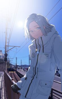 1boy absurdres aotsuki_eito black_gloves blue_eyes blue_sky chinese_commentary closed_mouth commentary_request cowboy_shot day drawstring forehead glasses gloves grey_hair hand_on_railing high_collar highres hood hood_down hooded_jacket jacket lethe_(jiaodidezheshelu) long_sleeves looking_at_viewer male_focus outdoors pants photo_background pocket rectangular_eyewear short_hair sky smile solo the_hundred_line_-last_defense_academy- variant_set white_jacket white_pants