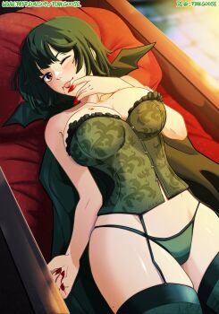 1girl artist_name bikini black_bikini black_cape black_corset black_hair black_thighhighs blood blood_on_face blood_on_hands bob_cut breasts cape coffin commentary corset cowboy_shot dutch_angle english_commentary fubuki_(one-punch_man) gurinsensei highres inverted_bob large_breasts looking_at_viewer lying on_back one-punch_man patreon_username red_eyes short_hair sidelighting solo swimsuit thighhighs twitter_username twitter_x_logo vampire