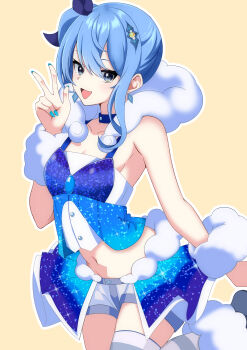 Rule 34 | 1girl, :d, absurdres, arm warmers, bare shoulders, blue choker, blue eyes, blue hair, blue nails, blue shirt, blue skirt, breasts, choker, collarbone, commentary request, cosplay, cowboy shot, earrings, fur trim, groin, hair between eyes, hair ornament, hand up, highres, hololive, hoshimachi suisei, idol clothes, jewelry, lisia (pokemon), lisia (pokemon) (cosplay), long hair, looking at viewer, midriff, navel, nintendo, open mouth, overskirt, pokemon, pokemon oras, shirt, short shorts, shorts, shorts under skirt, side ponytail, sidelocks, simple background, single thighhigh, skindentation, skirt, sleeveless, sleeveless shirt, small breasts, smile, solo, standing, standing on one leg, star (symbol), star in eye, striped clothes, striped thighhighs, symbol in eye, thighhighs, v, virtual youtuber, white shorts, yatogami rema, yellow background