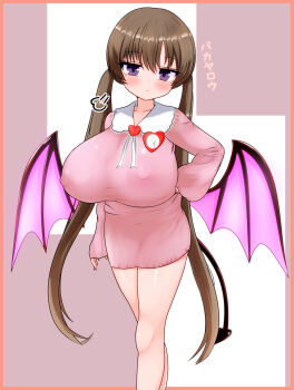 1girl blush brown_hair collared_dress commission covered_erect_nipples demon_tail demon_wings dress hand_on_own_hip japanese_text kleio long_hair long_twintails pink_dress purple_eyes skeb_commission solo standing tail tsukuyomi_ai twintails very_long_hair voiceroid wings