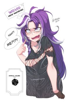 1girl ahoge black_choker black_shirt breasts choker cleavage english_text fang gloves highres large_breasts long_hair michi_mochievee michi_mochievee_(1st_costume) multicolored_hair myth1carts open_mouth purple_hair shirt simple_background skin_fang stitched_face stitches streaked_hair torn_clothes virtual_youtuber vshojo white_background white_hair