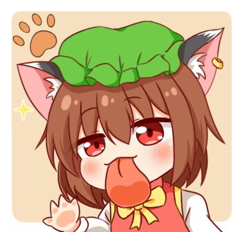 Rule 34 | 1girl, animal ear fluff, animal ear piercing, animal ears, blush, bow, bowtie, brown hair, cat ears, chen, chibi, commentary request, earrings, hand on screen, hat, jewelry, licking screen, long sleeves, looking at viewer, red eyes, revision, shirt, short hair, solo, sparkle, tongue, tongue out, touhou, white shirt, yellow bow, yige lurenjia